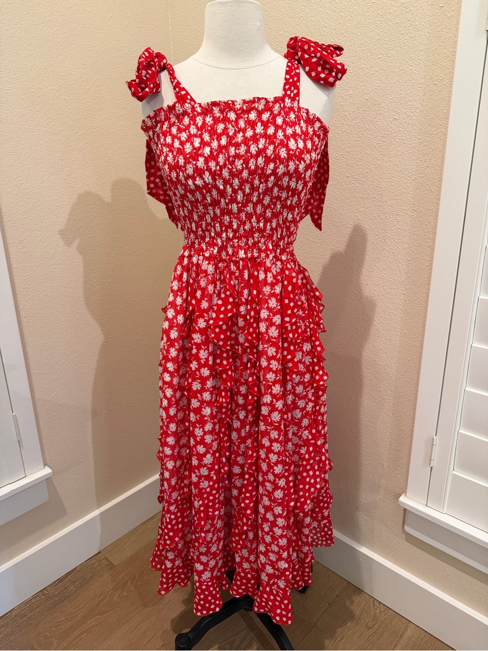 Vtg Diane Freis Original Red White Floral Smocked Midi Sun Dress 100% Cotton S